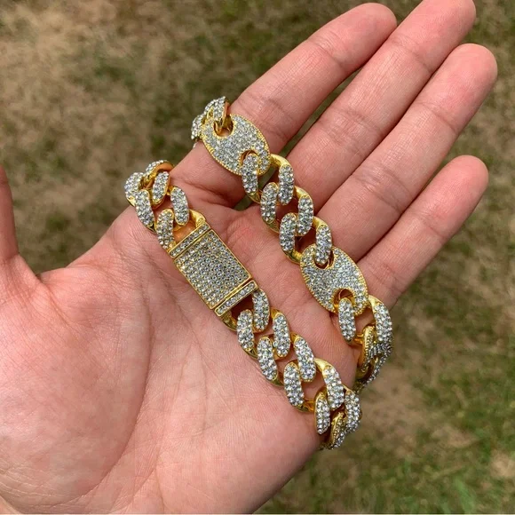 14k Gold Plated Iced Figaro Cuban Link Chains 13mm 18” 20” Iced out Premium